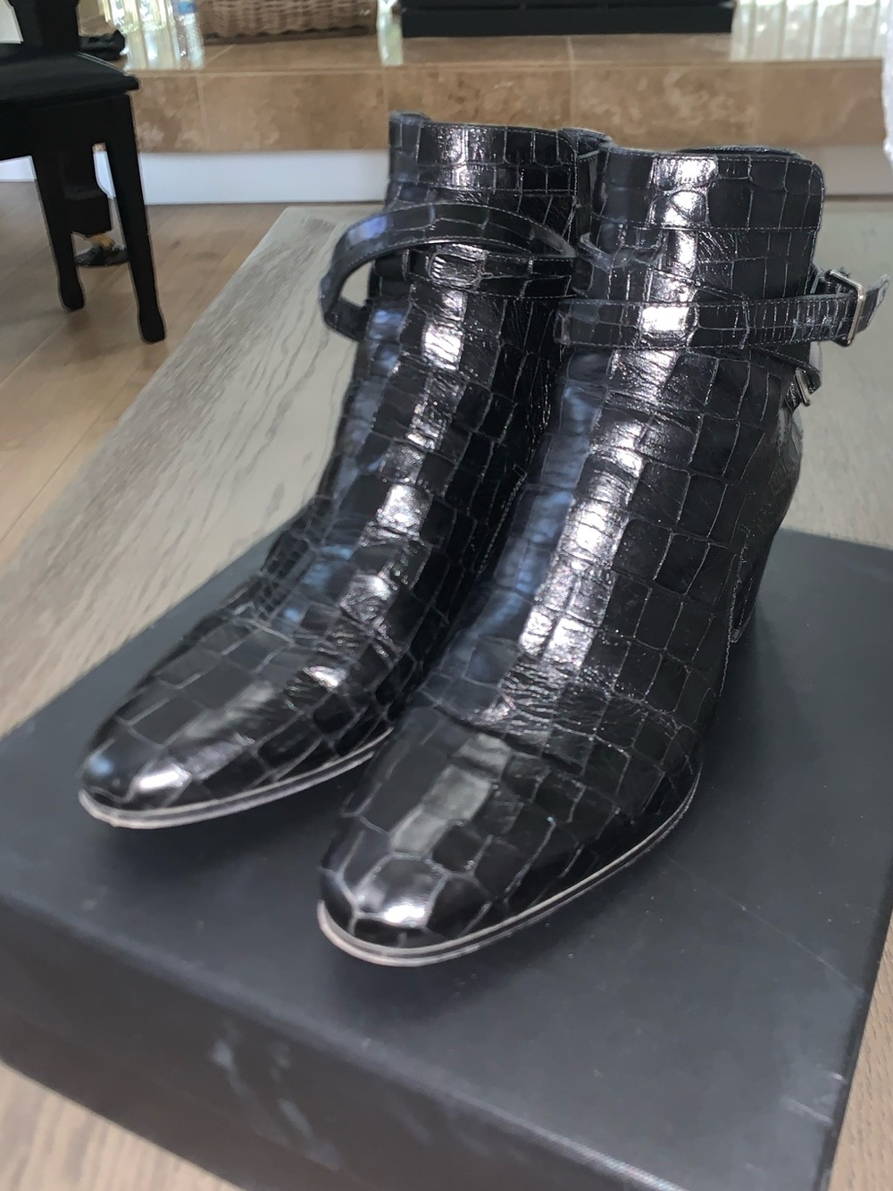 Saint Laurent Black Croc-Embossed Ankle Boots